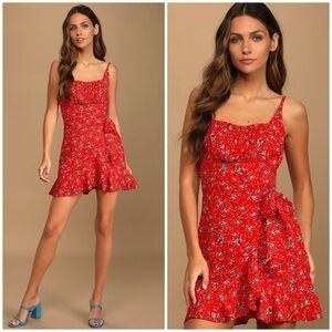 Lulu’s Wrapped Up in Romance Red Floral Print Faux-Wrap Mini Dress